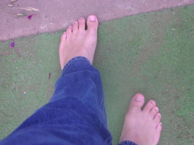 Frank goes barefoot outside