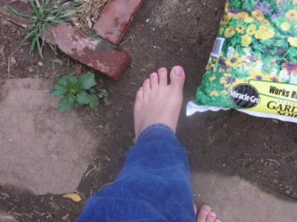 Walking around garden barefoot